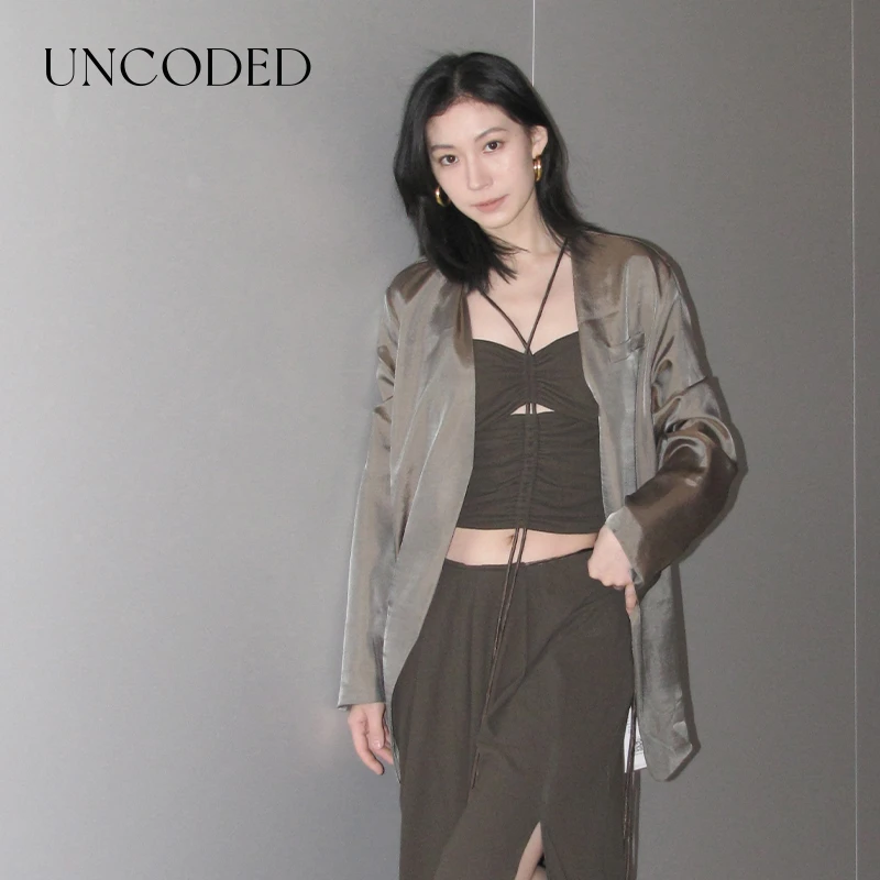 UNCODED 绿色单简约干练H型无领西装休闲百搭经典纯色 KWFR1X023