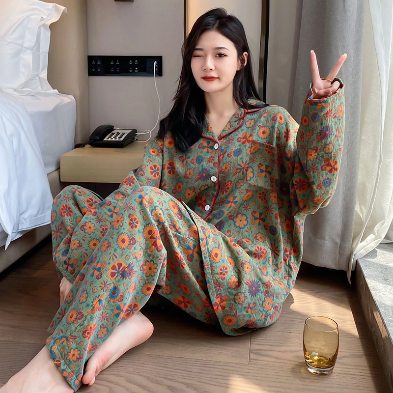大码女春秋家居服套装胖mm80-280斤印花款纯棉长袖长裤宽松睡衣