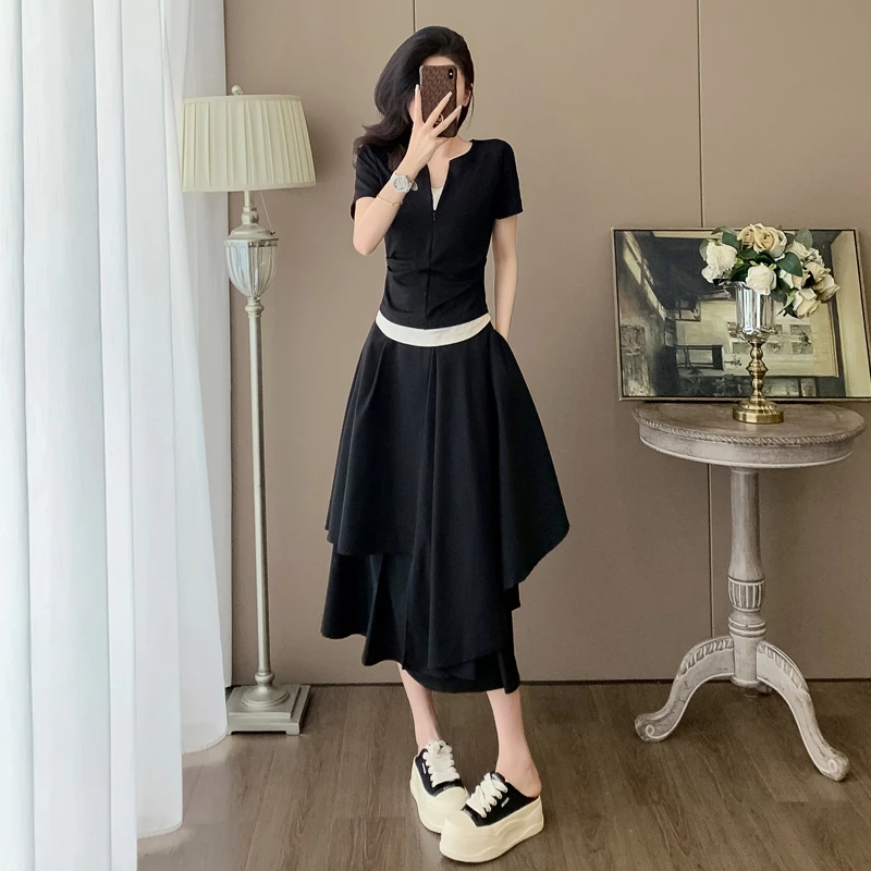 韩系高级感时尚休闲套装裙女夏季减龄运动短袖不规则半身裙两件套