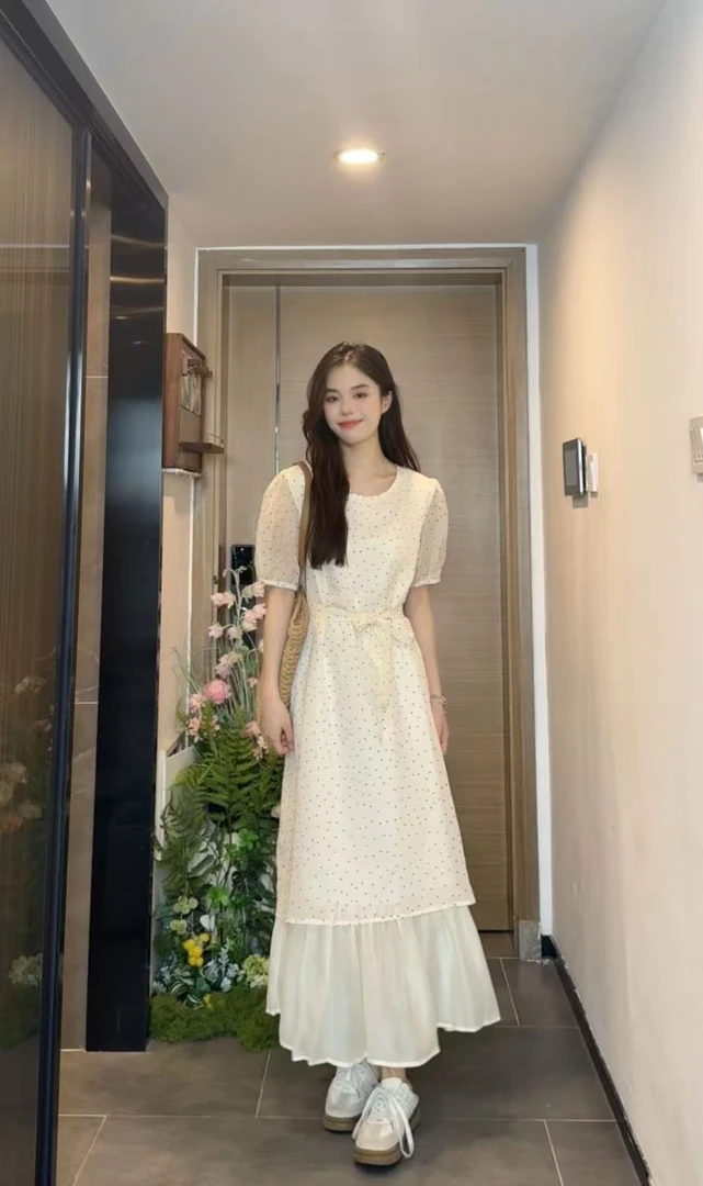 AN.XIN【 步步生莲~杏色】氛围感波点温柔拼接假两件女装连衣裙1015