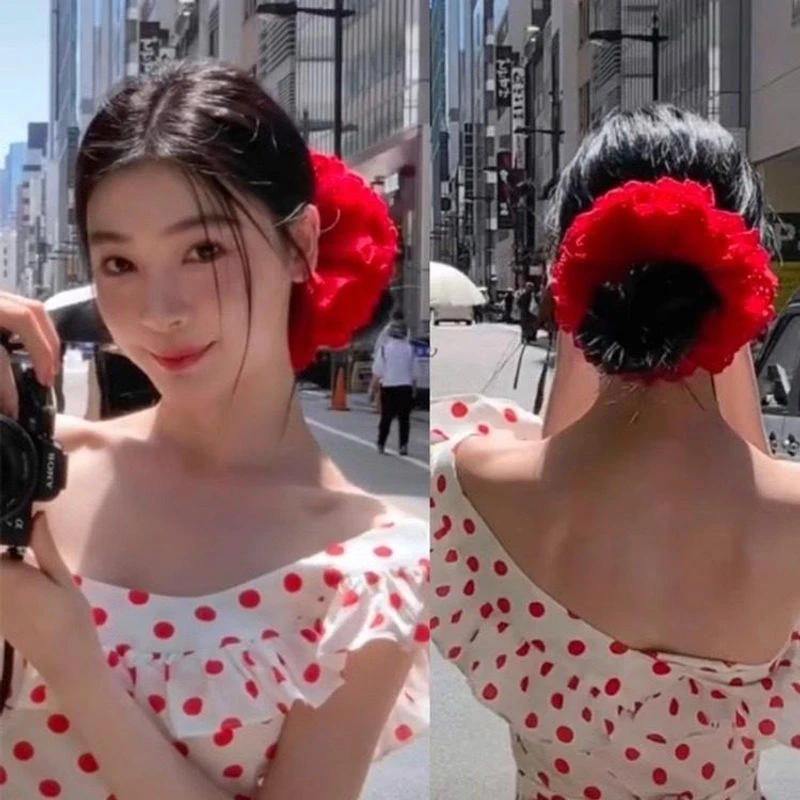 易梦玲同款大红色重工大号四层蕾丝花边大肠发圈复古法式镂空头