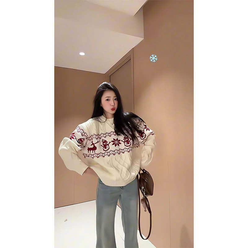 费尔岛圣诞提花圆领套头毛衣女秋冬慵懒宽松设计感上衣显瘦牛仔裤