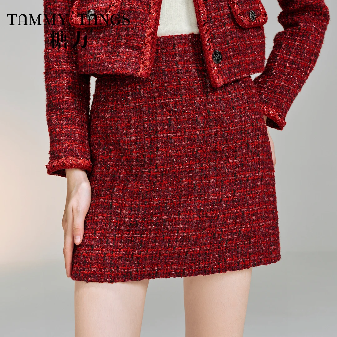 【老板娘夏天】糖力 编织粗花呢小香风半身裙女 红色高腰A字裙短裙