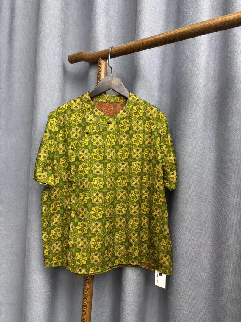 2025夏季新款时尚简约新中式桑蚕丝奥黛提花上衣女H2076