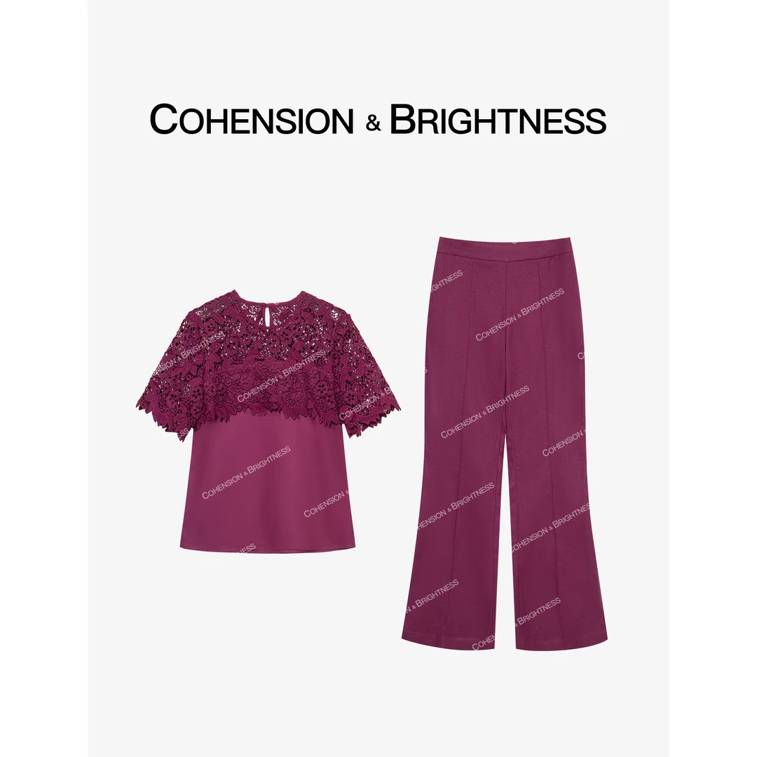 NO退NO换【罗缎紫韵】夏季法式镂空蕾丝拼接短袖+休闲裤套装TR309