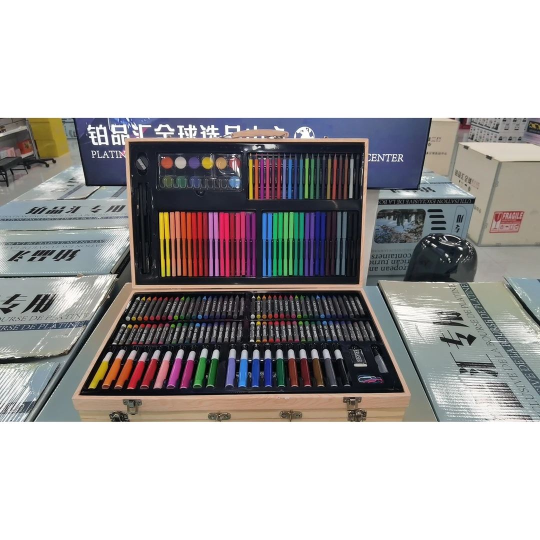 180件木盒绘画套装儿童水彩笔颜料美术专用画笔蜡笔彩铅学习GZG