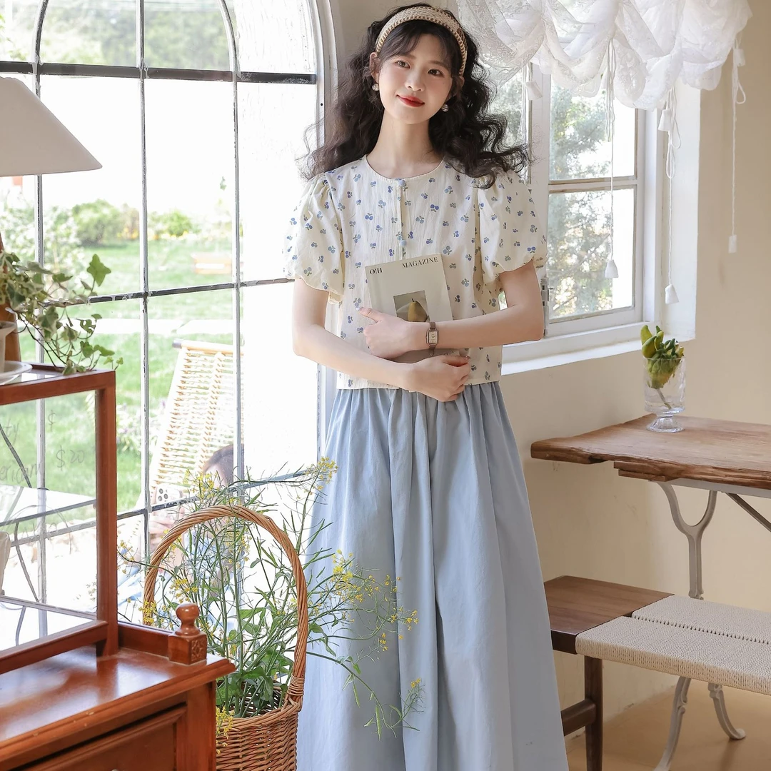 慕兔法式碎花衬衫搭配宽松显瘦半身裙两件套女2025夏季新款