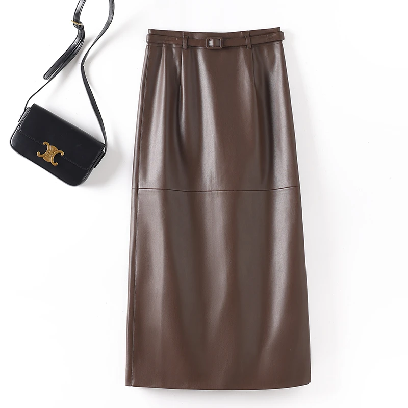 海宁真皮皮裙女半身裙高腰开叉一步长裙皮裙包臀KFLD-1908