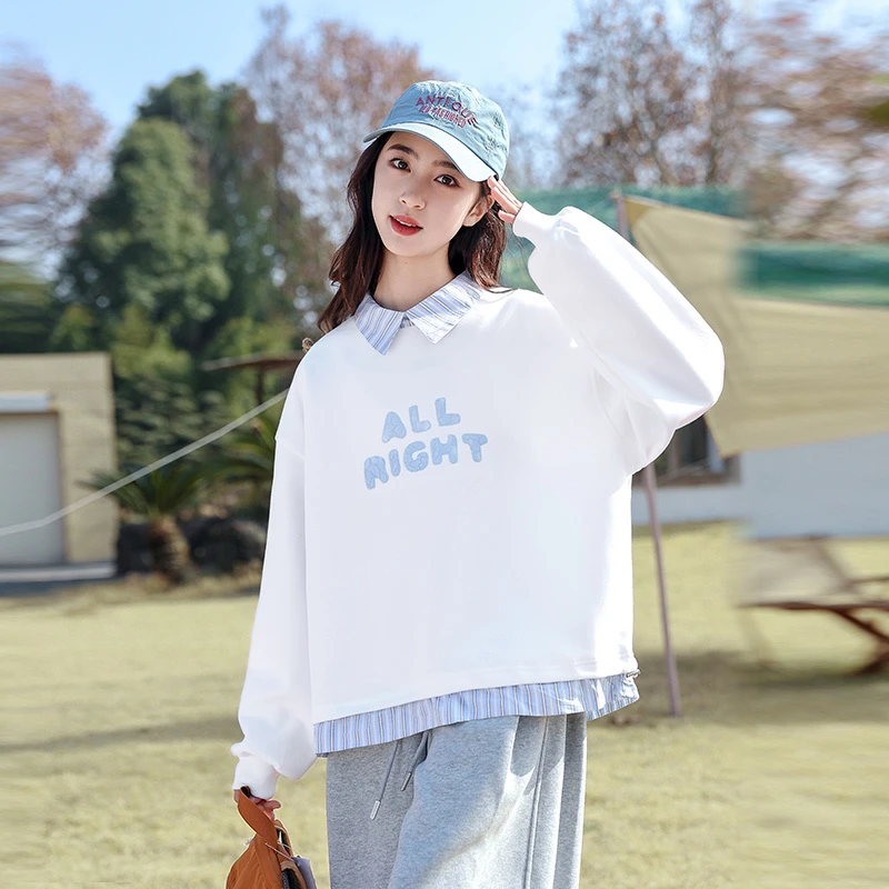 2025女大童春季新款假两件字母绣花卫衣25046