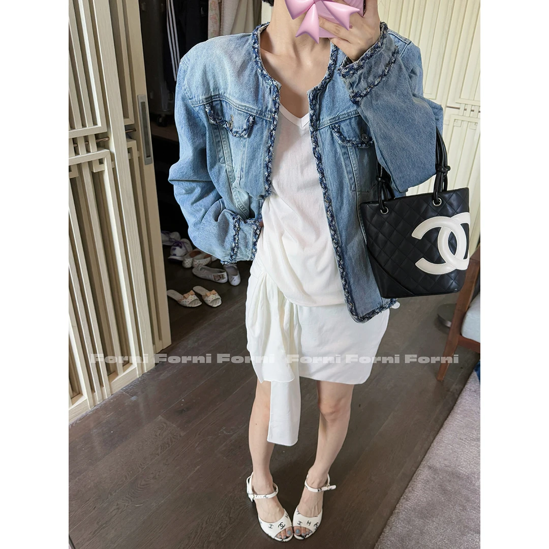 FORNI  航海小香牛仔 手工编织锁边圆领小香风牛仔外套