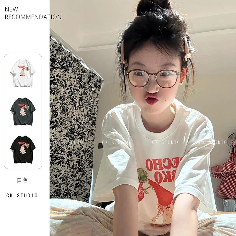 韩版趣味休闲独特短袖女森系草莓女孩文艺少女感纯棉T恤#T018627