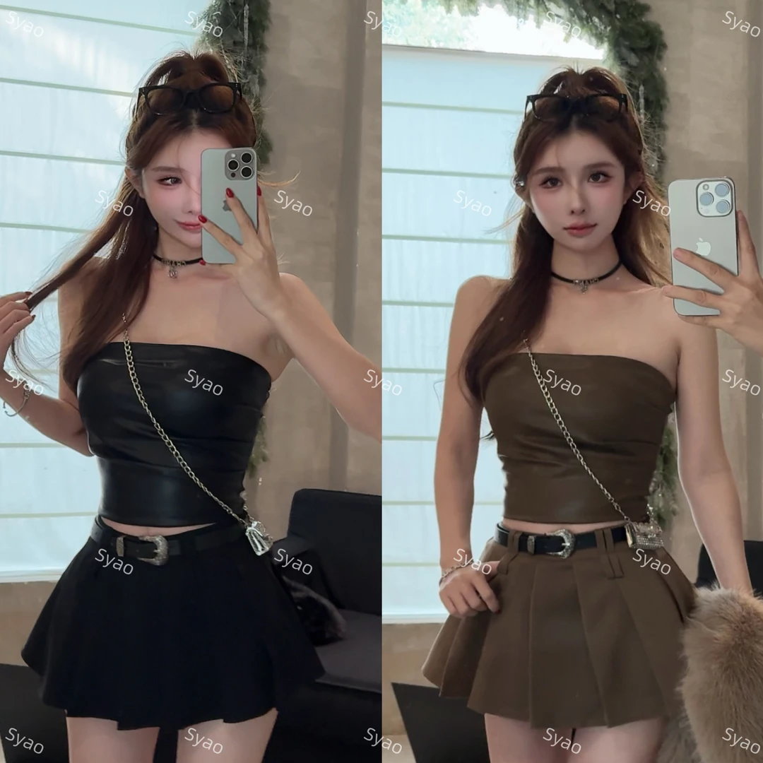 思瑶【枫糖可可】紧身显瘦皮抹胸搭百褶半裙无领毛毛外套#0880