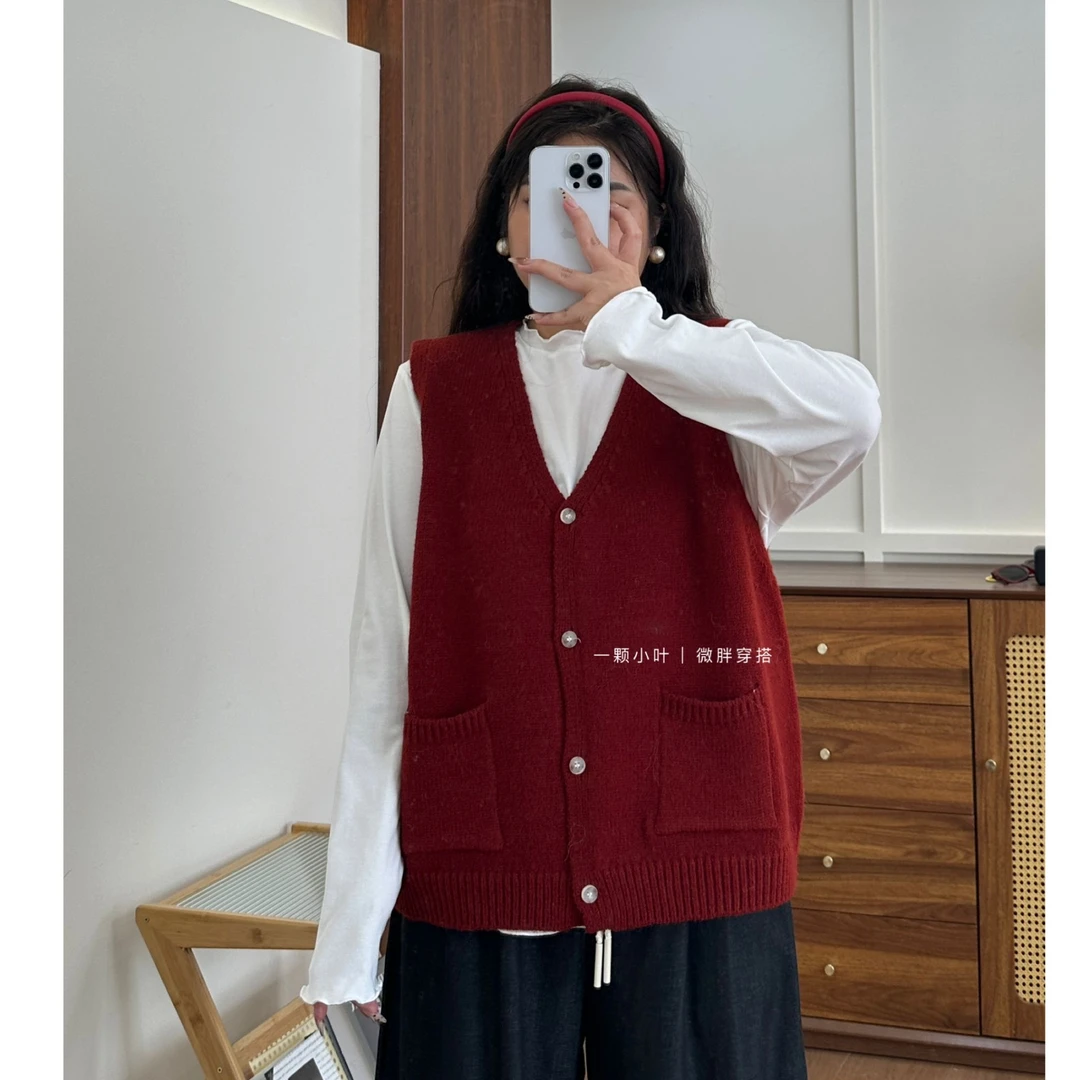 【一颗小叶】秋冬大码复古V领显瘦针织毛衣马甲01