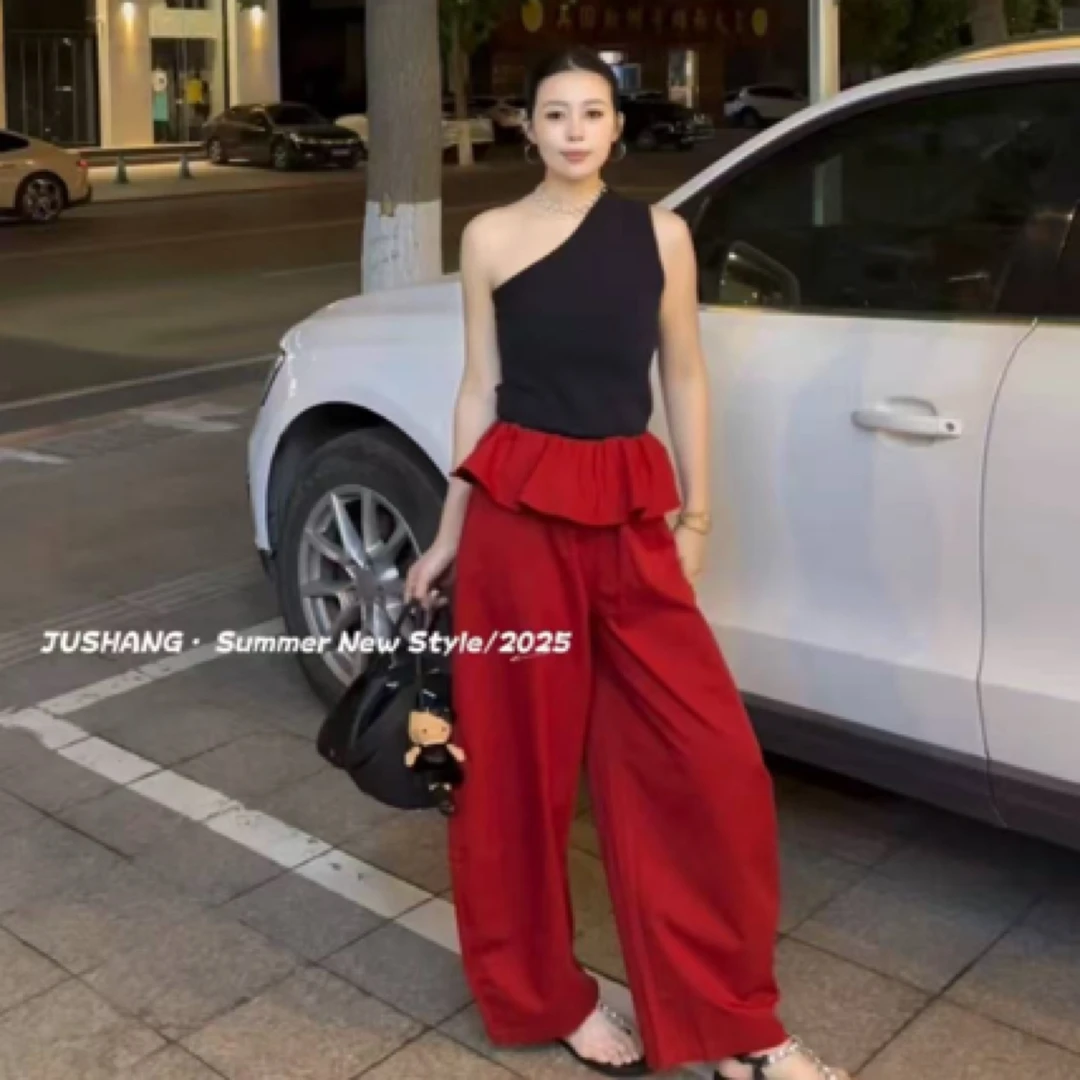 96888斜肩背心2704荷叶边设计长裤港风套装