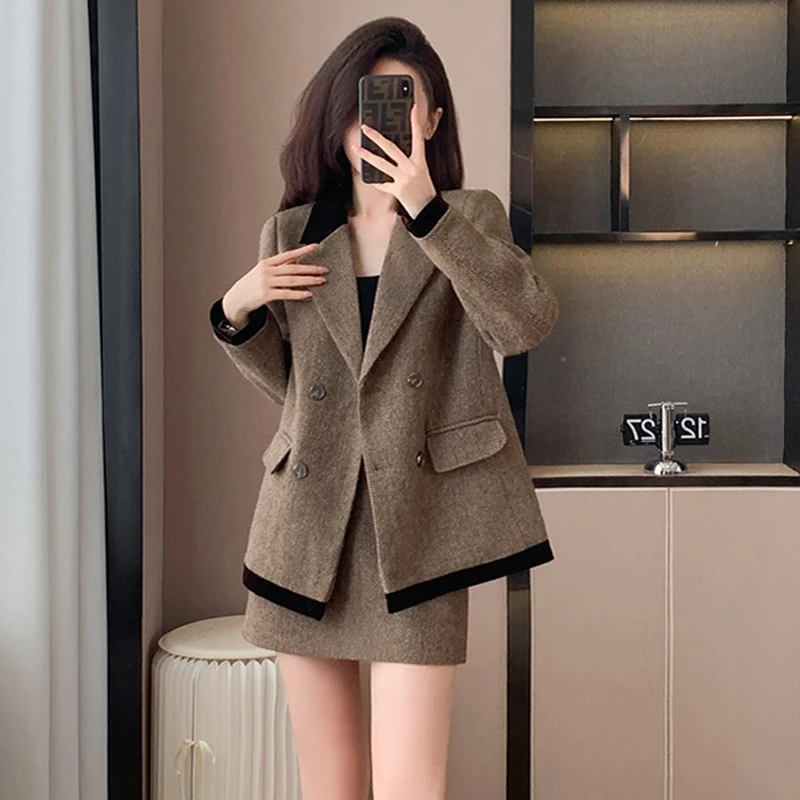 高端港风西装套装女秋冬2025新款时尚气质小西服西服包臀裙两件套