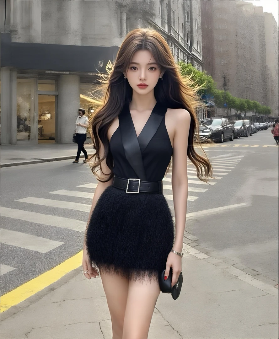 高级性感法式网纱毛毛挂脖连衣裙女夏新款名媛气质抹胸包臀短裙