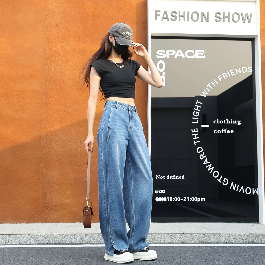 【品牌原单】显瘦高腰夏季薄款垂感设计感时尚弯刀牛仔裤