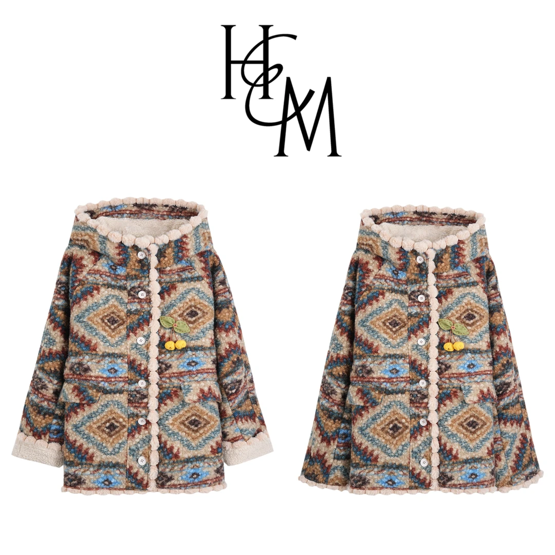 【慧姐】冬季复古圈圈毛费尔岛连帽厚外套+胸针【16585C款】