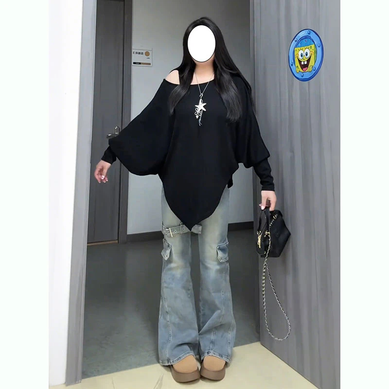 特大码苹果型身材工装微喇牛仔裤女秋季新款复古宽松显瘦喇叭长裤