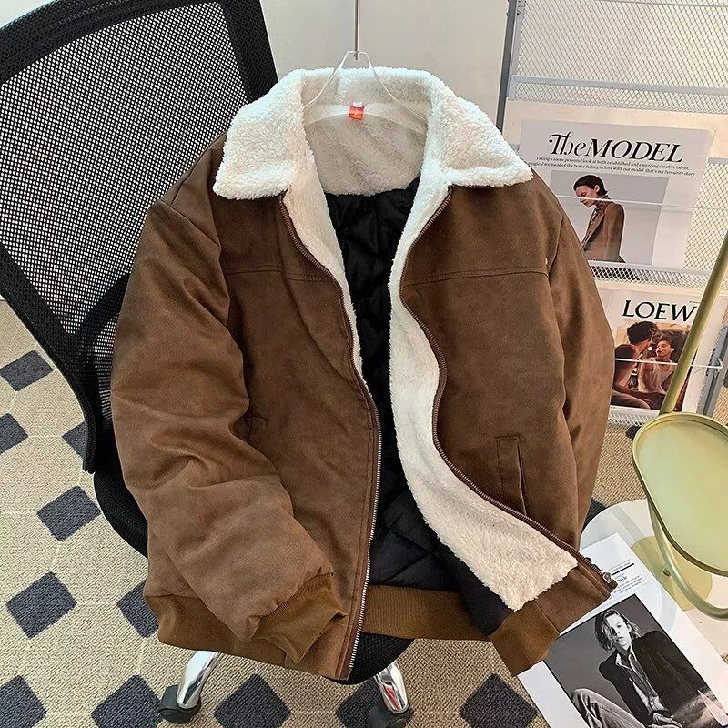 冬季羊羔绒PU皮棉衣外套男加绒加厚休闲潮牌运动复古保暖痞帅棉服