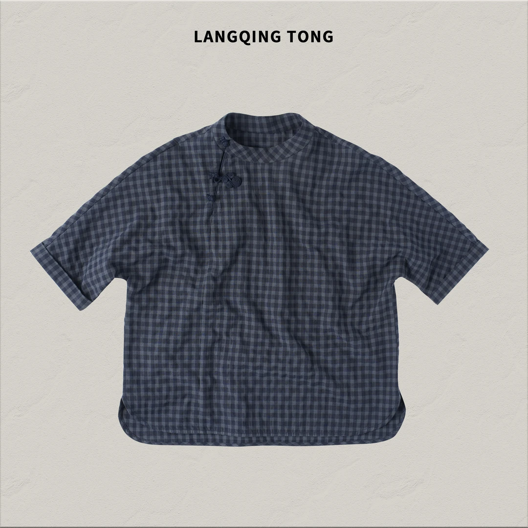 浪清/女装推荐 玥莉眯格纹新中式圆领上衣44306#