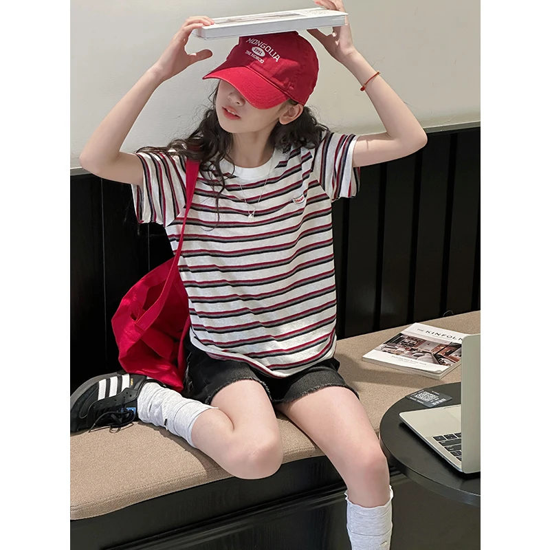 K28455复古条纹女童短袖T恤2025新款夏装大童儿童休闲半袖上衣潮t