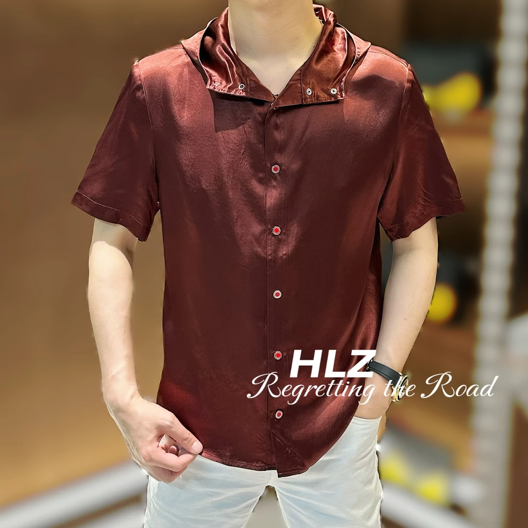 2025夏季新款男士休闲简约纯色小红扣设计醋酸连帽百搭短袖衬衫