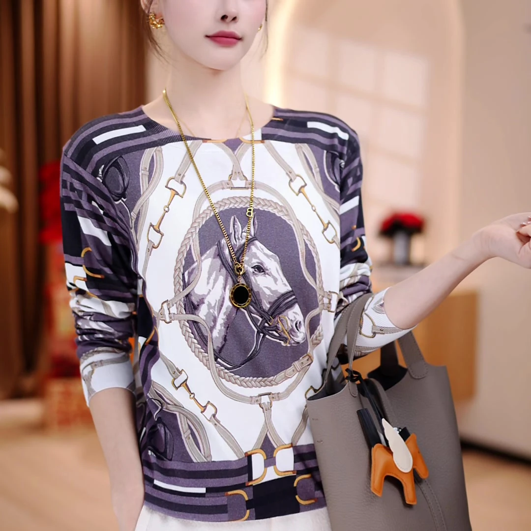 春季小众设计时尚灰色骏马百搭宽松显瘦长袖套头圆领打底针织衫女