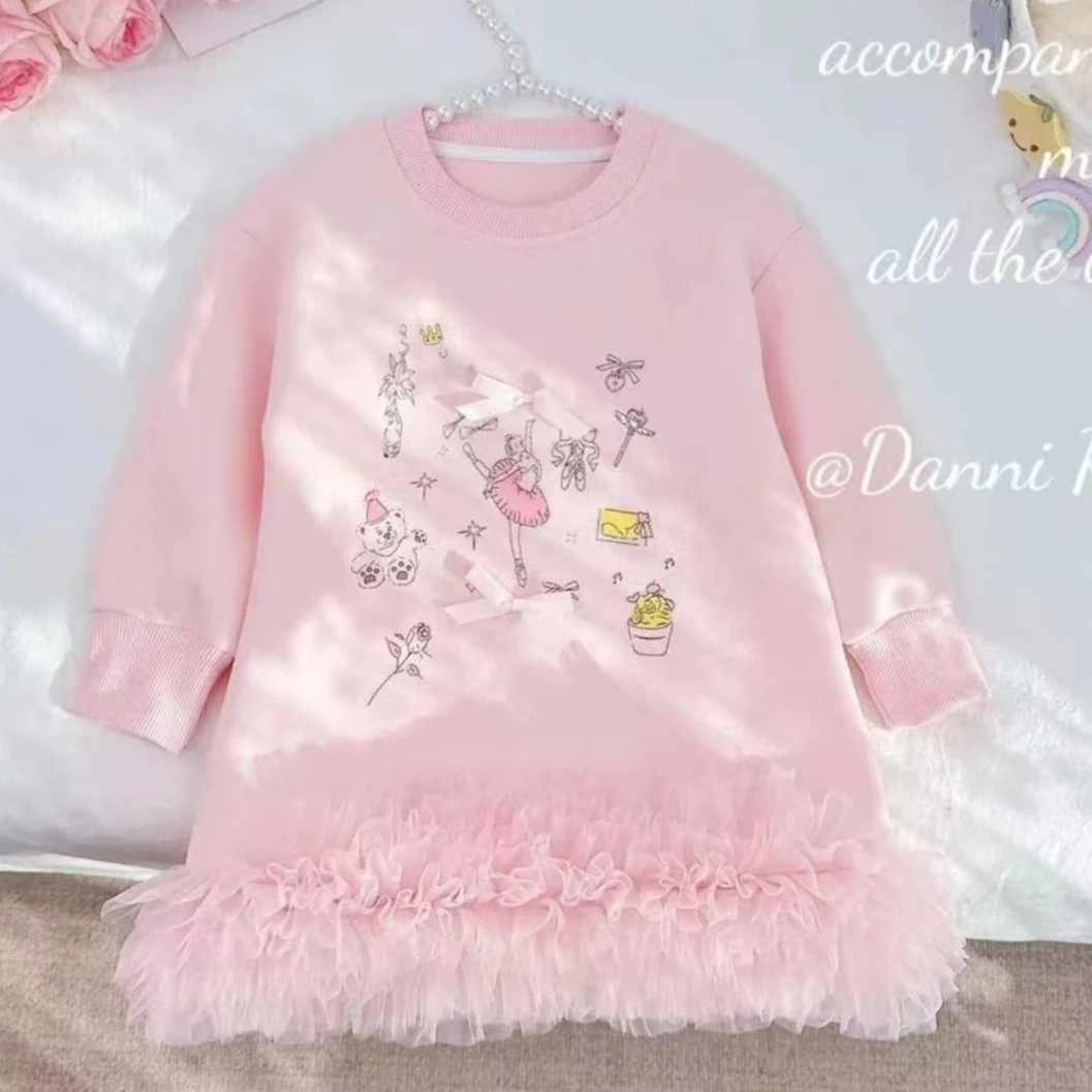 MN女童芭蕾公主·韩系蕾丝花边网纱卫衣裙新款2025甜美女孩连衣裙~