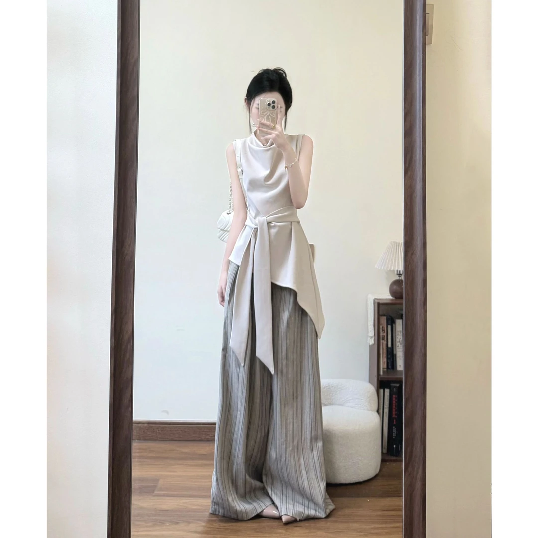 高智感荡领不规则无袖T恤女2025夏季新款设计感系带收腰显瘦上衣