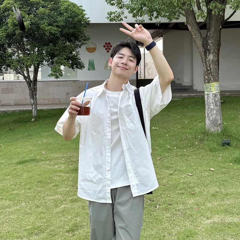 VALVOELITE暗物质白色基础衬衫短袖男生夏季新款百搭宽松休闲上衣