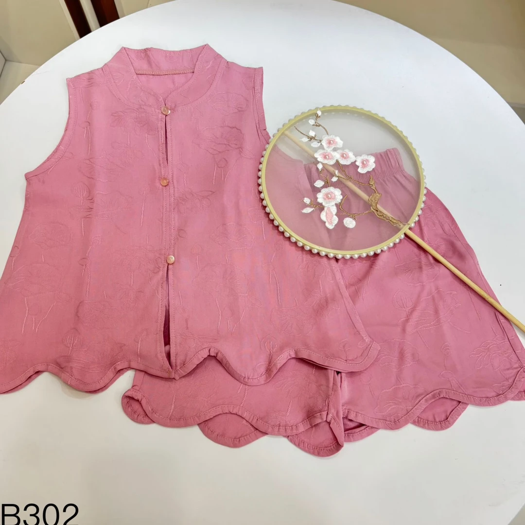 山东人造棉（棉绸）淡雅粉色儿童套装B302