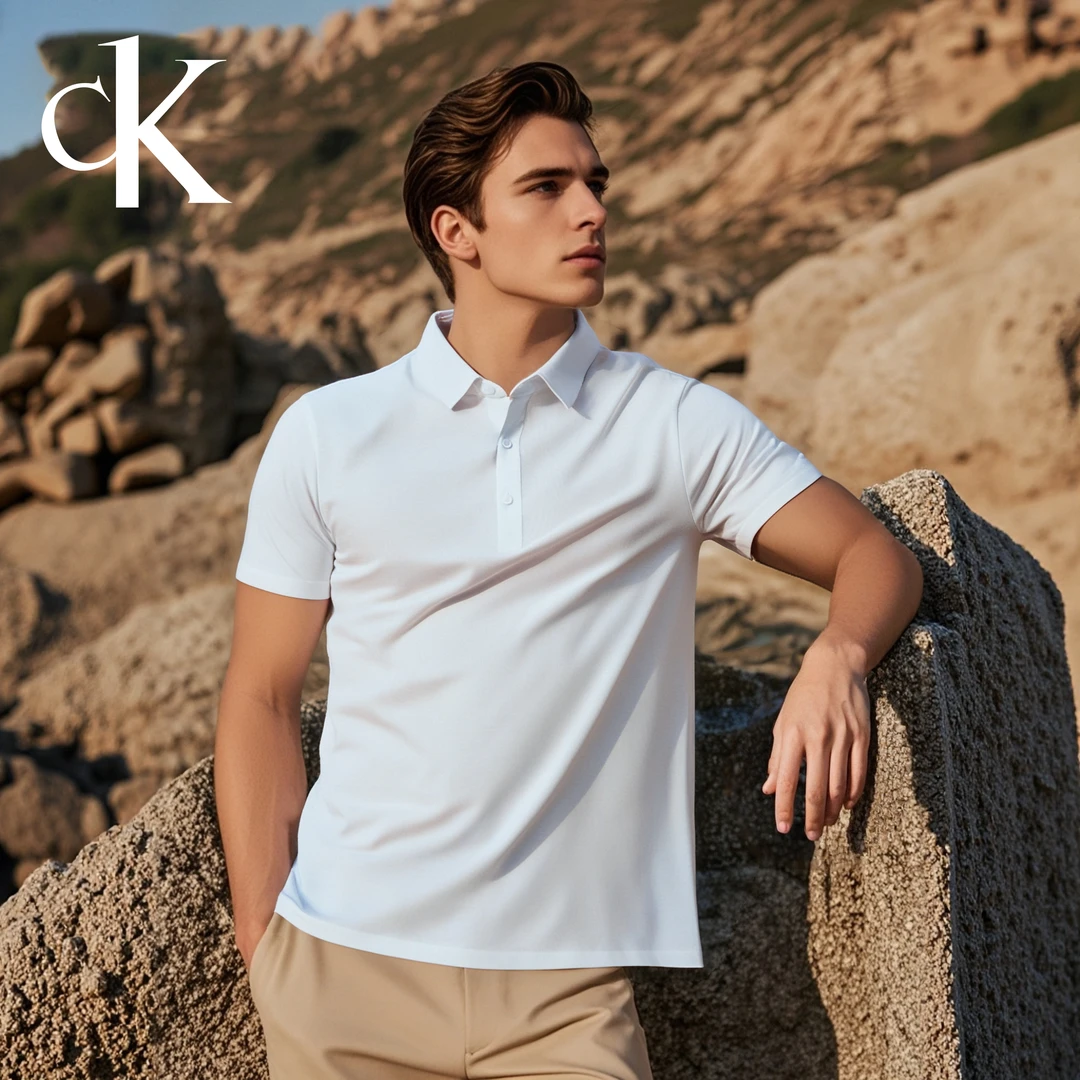 【CK官方正品】冰丝纯色翻领T恤短袖男夏季新款休闲高级感冰感男装