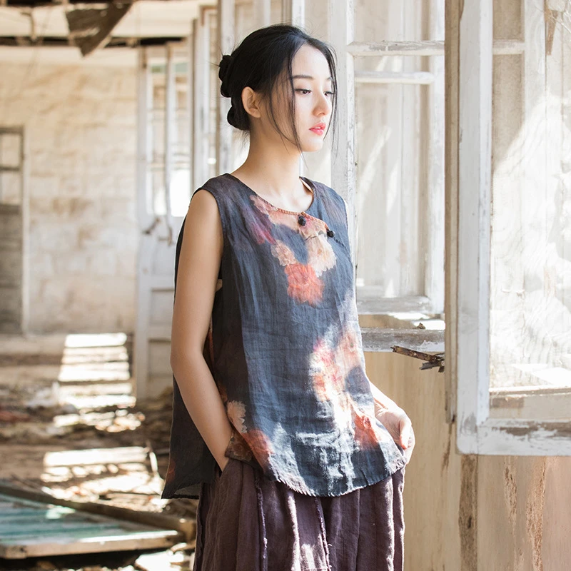 薄款透气原创设计苎麻宽松版型复古风格夏季休闲背心无袖单件新品