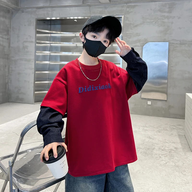 男童春秋款牛仔袖拼接卫衣2025新款儿童装男孩假两件休闲运动上衣