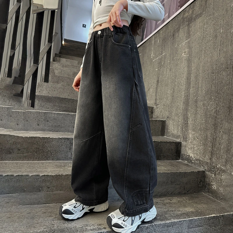 女童牛仔裤子春秋款2025新款洋气儿童阔腿裤中大童休闲时髦弯刀裤