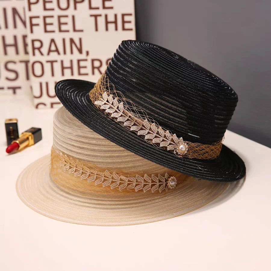 法式网纱麦穗平顶帽薄款透气遮阳帽小帽檐沙滩帽欧根纱法式平顶帽