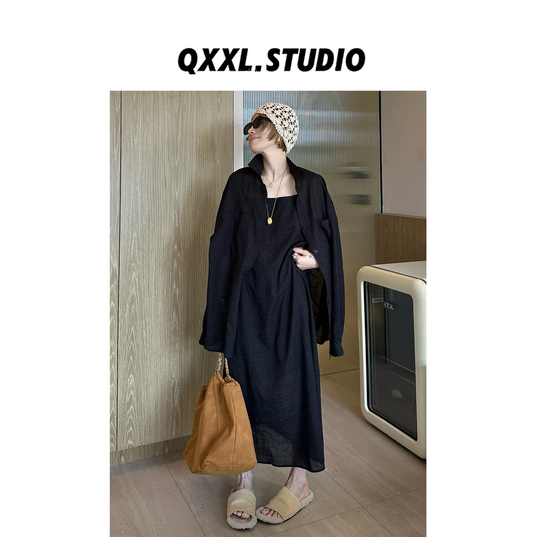 邱小小丽呀 早秋慵懒风格纹套装女衬衫外套+长款吊带裙两件套