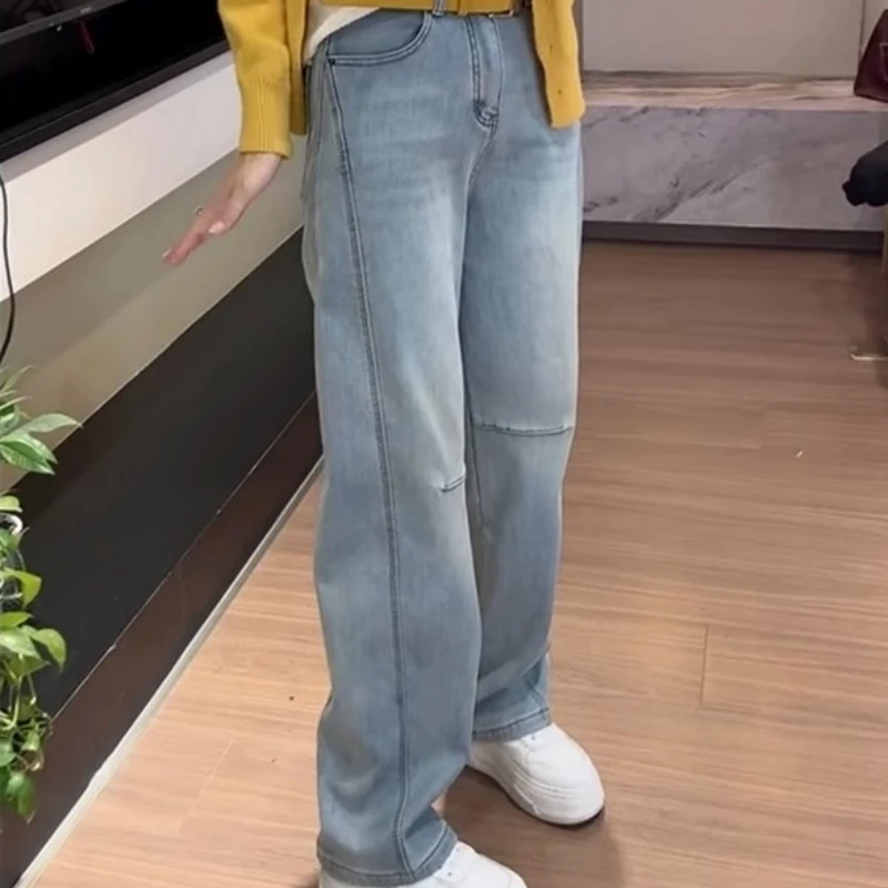 显瘦弯刀裤大码加绒遮肉阔腿裤女2025春季新款窄版弹力直筒牛仔裤