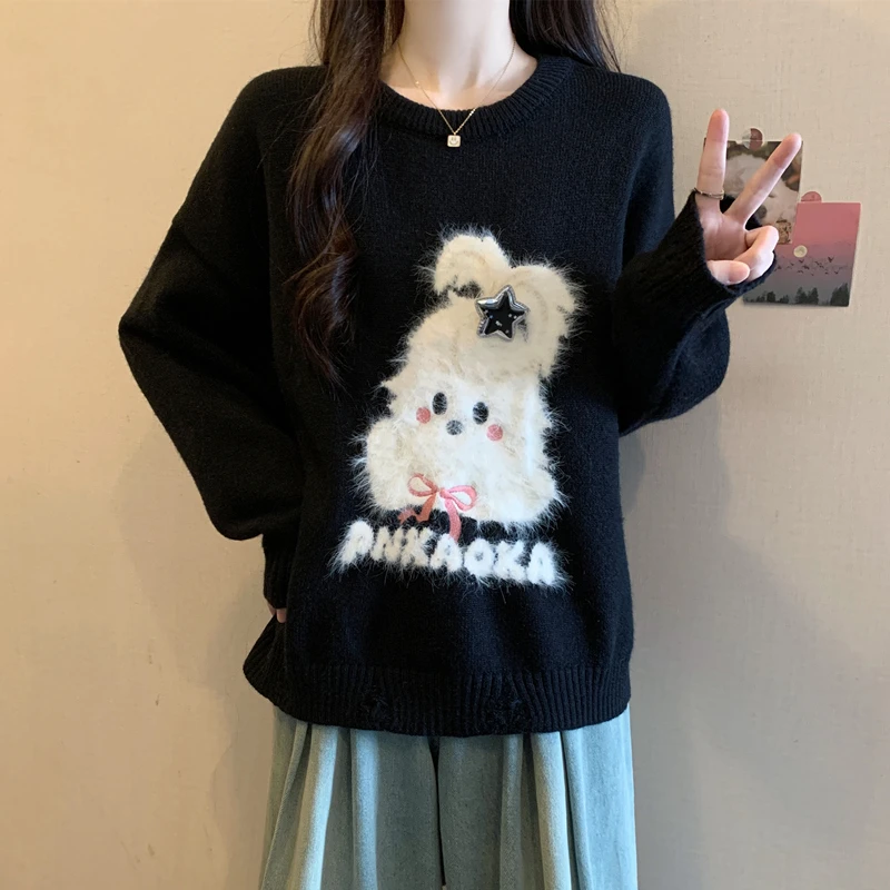 大码女装高级感卡通慵懒风圆领毛衣女秋冬胖mm百搭软糯巨显瘦上衣