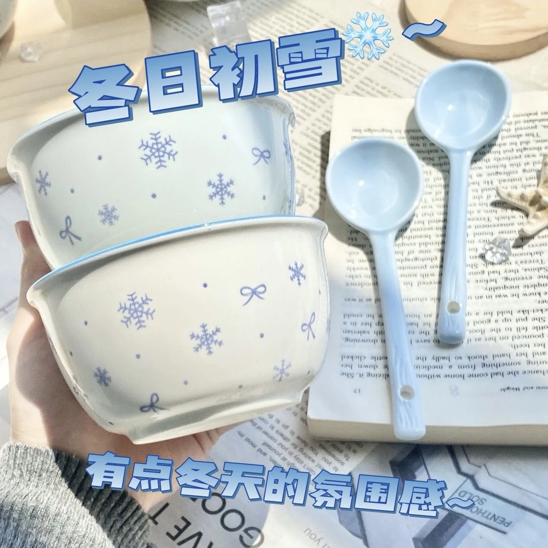 新款釉下彩少女心陶瓷可爱餐具ins奶蓝色系治愈系家用陶瓷碗勺