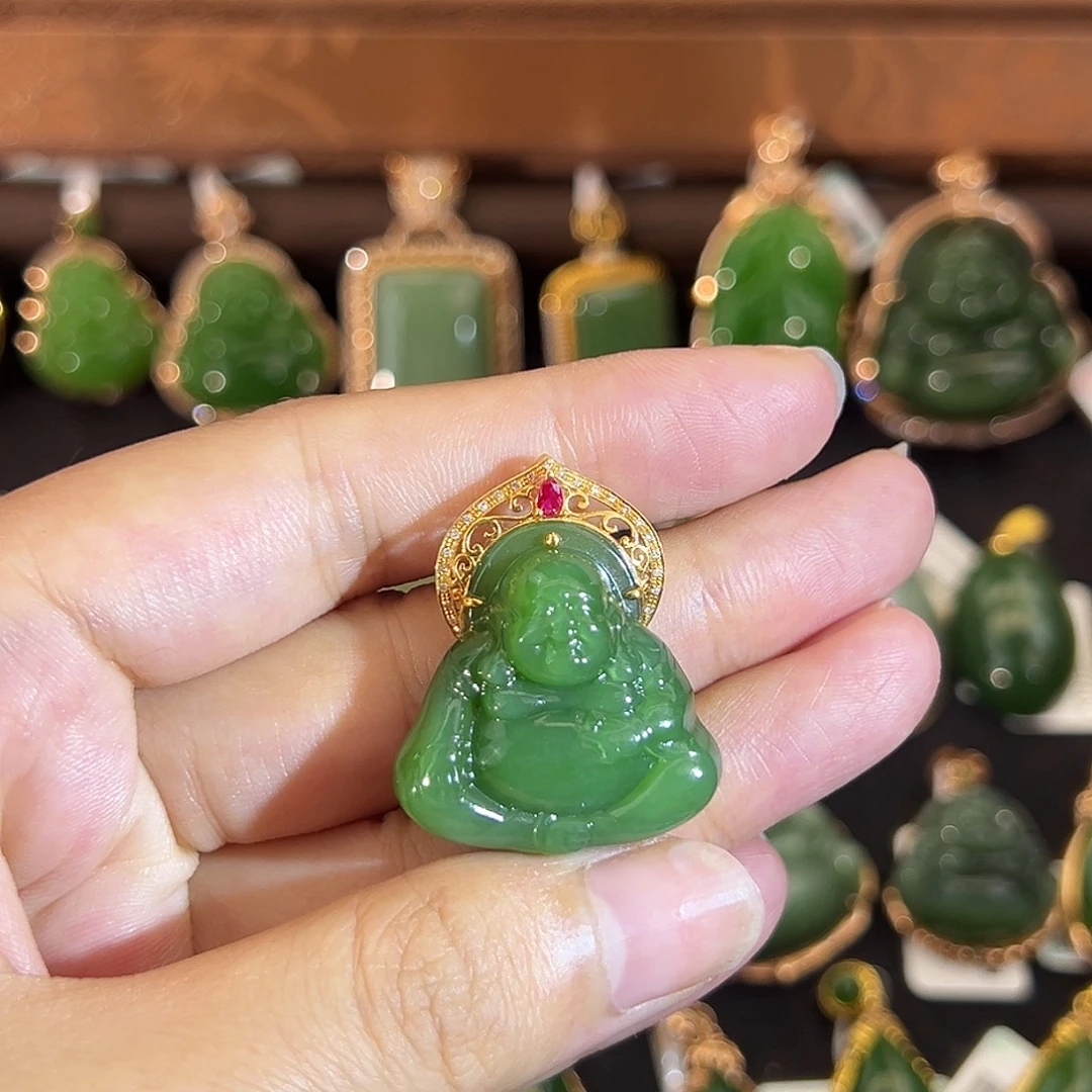 和田玉（碧玉）18K金镶嵌吊坠(不含链)
