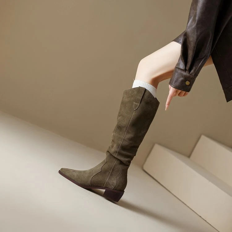 4.5cm 法式复古百搭粗跟堆堆靴秋冬简约时尚高筒靴通勤休闲西部靴