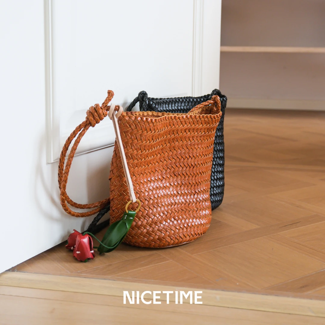 NICETIME夏日限定头层牛皮编织水桶包极简百搭单肩斜挎女包