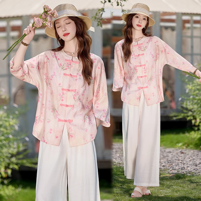 新中式国风套装高级感复古盘扣衬衫唐装时尚洋气吊带阔腿裤三件套