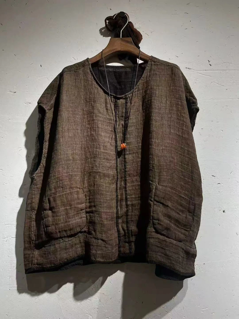 衣路走来原创设计香云麻双面可穿复古套头无袖上衣38567