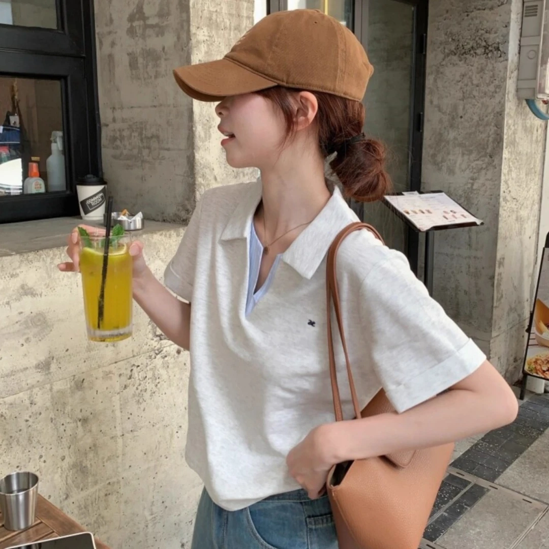 轻奢高级小众正肩短袖Polo衫T恤女夏季新款短款韩系时尚翻领上衣