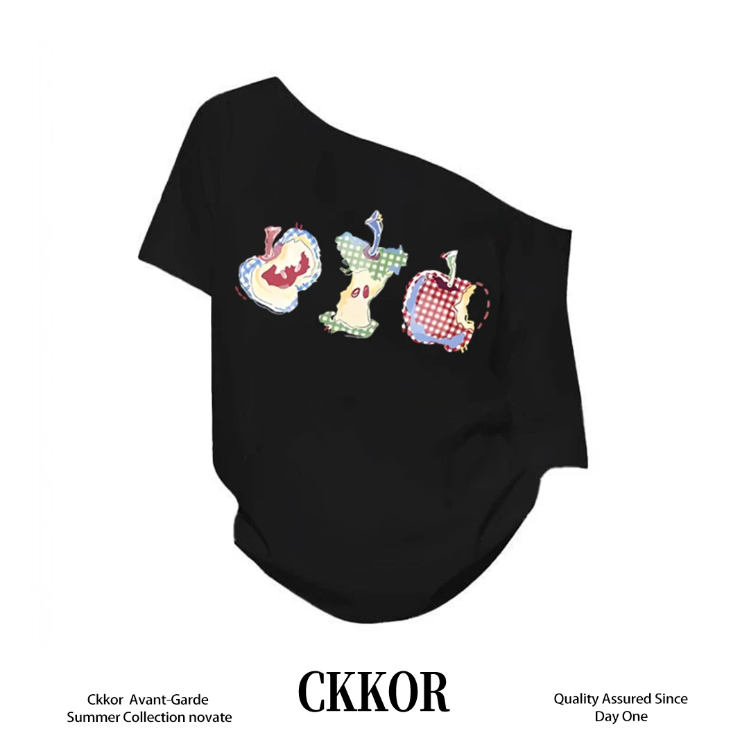 CKKOR夏季新款露肩短袖t恤女简约卡通印花小众高级感美式辣妹上衣