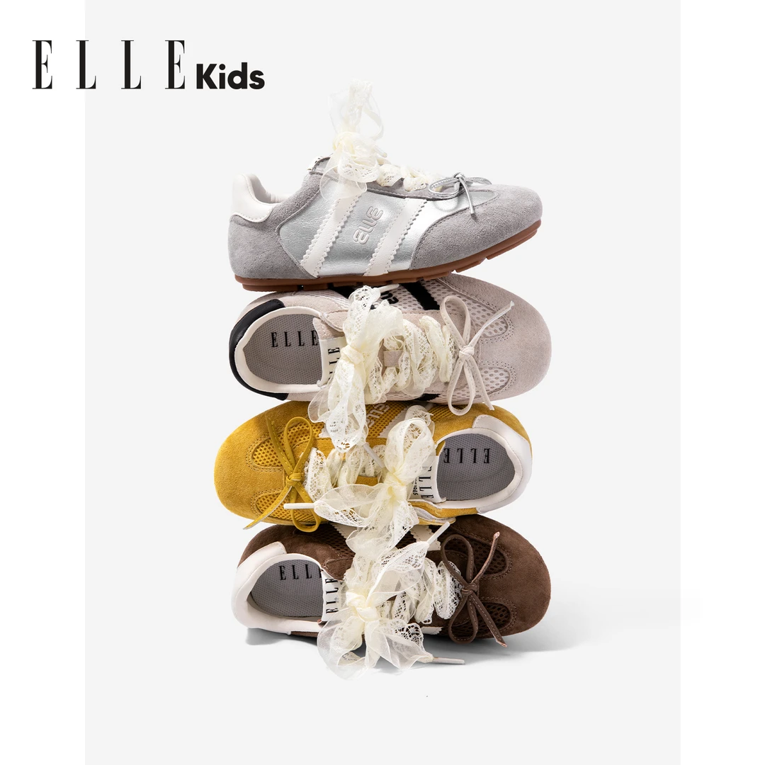 ELLE KIDS童鞋秋季新款蕾丝蝴蝶结休闲德训鞋女童软底薄底阿甘鞋