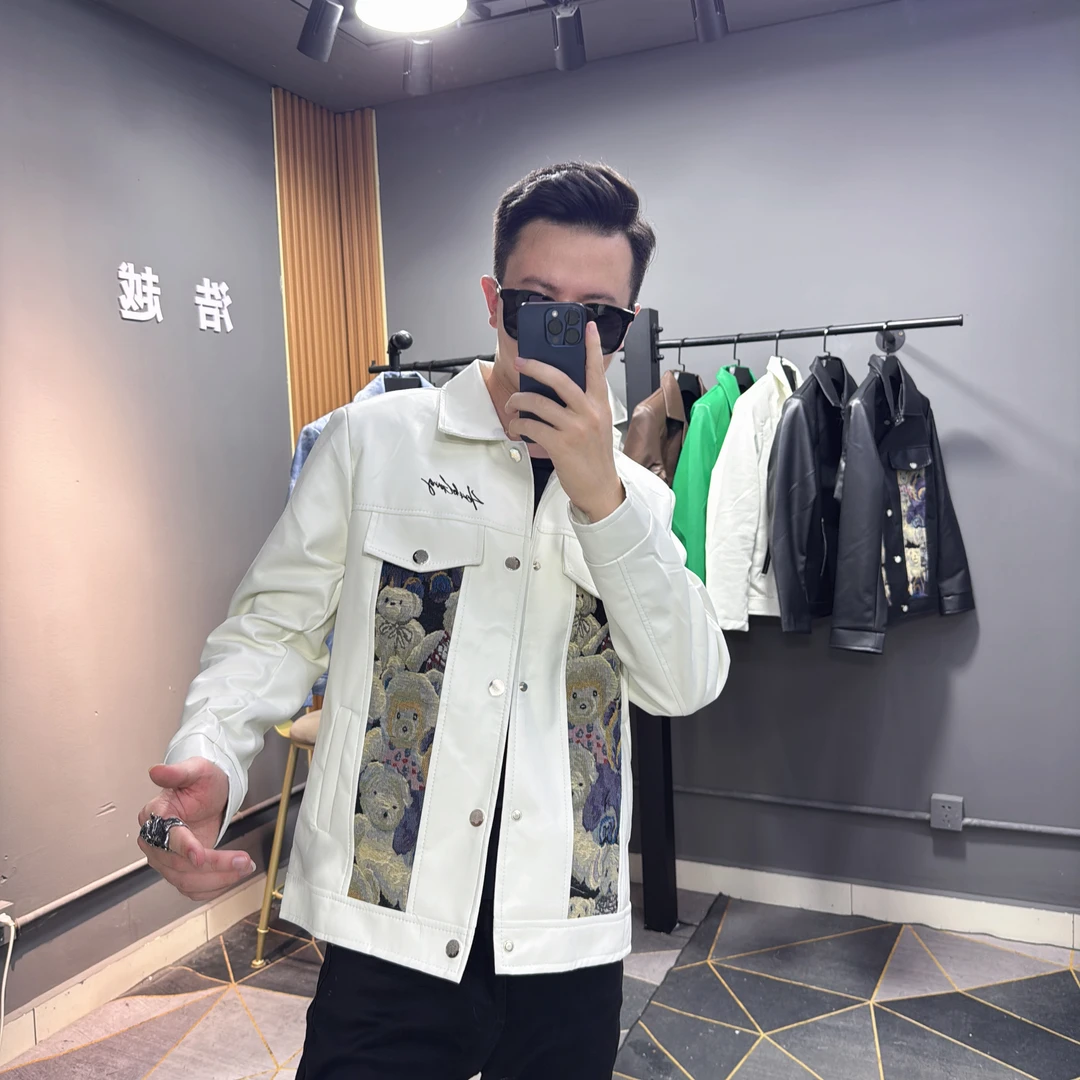 韩版修身男士刺绣翻领皮衣夹克潮流百搭外套春秋时尚上衣个性夹克